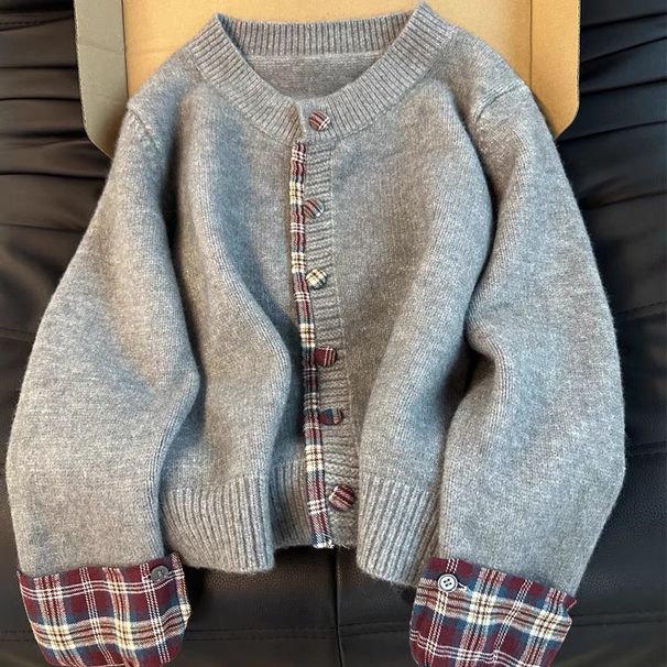 Cardigan ample en tricot pour femme – Pull à carreaux à col rond deux pièces pour des tenues d'automne décontractées_voghion.com