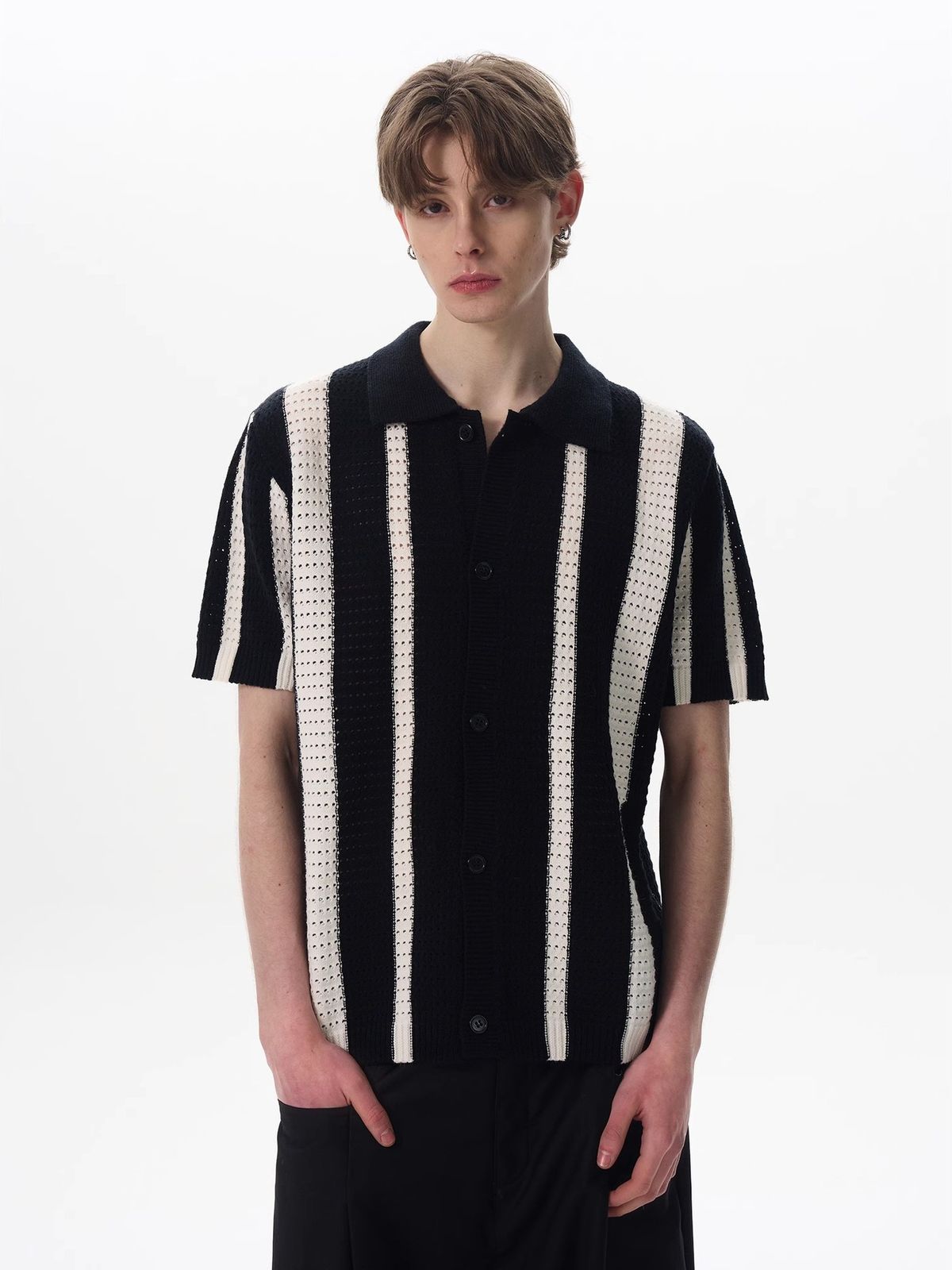 Maglione a righe verticali con risvolto da uomo, lavorato a maglia, a maniche corte_voghion.com