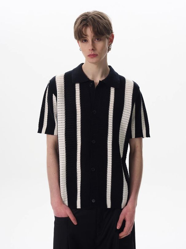 Maglione a righe verticali con risvolto da uomo, lavorato a maglia, a maniche corte_voghion.com