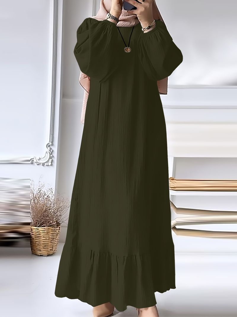 Damenbekleidung Robe Frühling und Herbst Neue Mode Puffärmel Retro Taschensaum Rüschenkleid_voghion.com