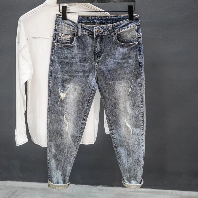 Men's Clothing Thin Jeans Men's Ripped Personality Trend Brand Scraped Loose Feet New Style Trend Spring And Summer 9 Point Pants Men_voghion.com