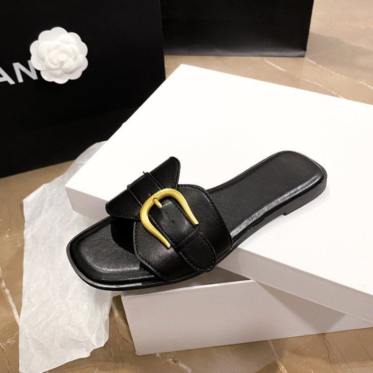 Dámské ploché sandály s hranatou špičkou a přezkou - protiskluzové pantofle ve francouzském stylu na pláž a dovolenou_voghion.com