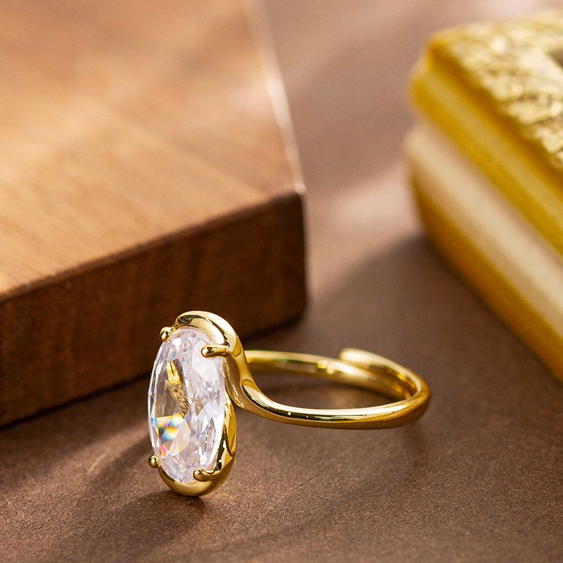 Fashionable And Minimalist INS Four Claw Diamond Inlaid Oval Zircon Open With Adjustable Color Retention Ring_voghion.com