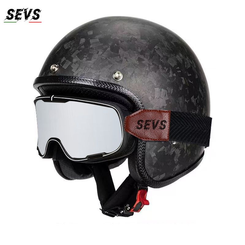 Carbon Fiber Retro 3/4 Motorcycle Helmet – Lightweight & Durable, 3K/12K/Forge Weave Options, UV-Shield Goggles/Mask – 3C Certified_voghion.com