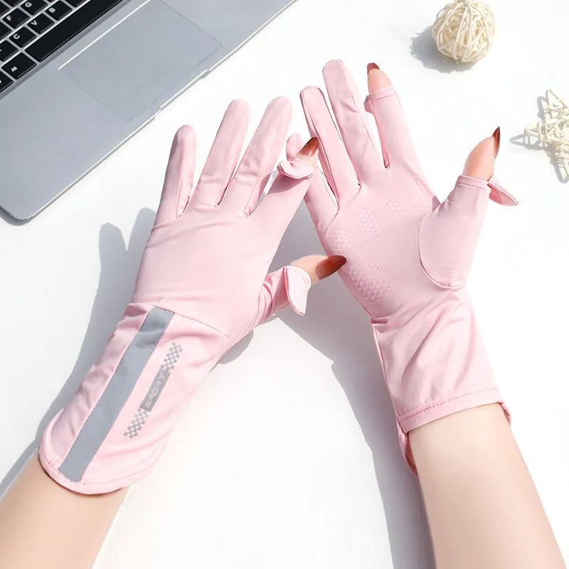 Summer Sunscreen Gloves Women Thin Ice Silk Anti-ultraviolet Dew Finger Touch Screen Driving Riding Non-slip Breathable_voghion.com