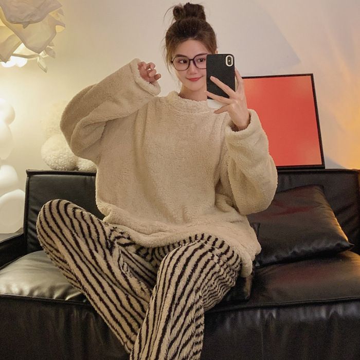 Pigiama invernale a righe da uomo e da donna in flanella, semplice e spesso, a maniche lunghe, per la casa, 2024_voghion.com