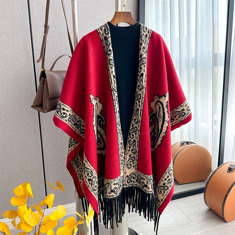 2024 autumn and winter new thick multi ethnic style belt long tassel large grid jacquard cape shawl scarf_voghion.com