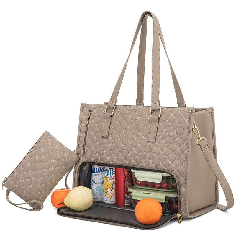 2025New 2-in-1 Combination Large Handbag Insulated Lunch Box Women's Diagonal Computer Bag_voghion.com