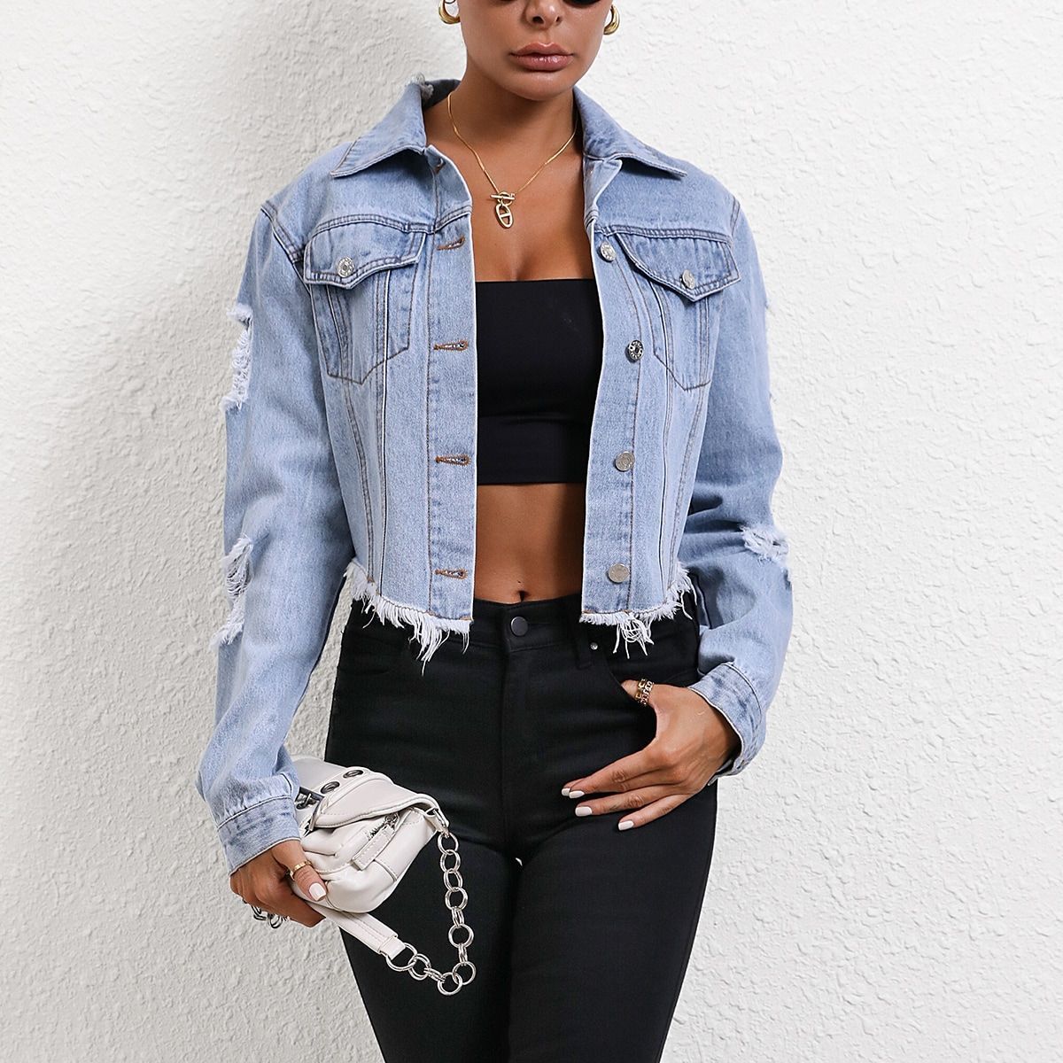 Women's Clothing INS Casual loose ripped long sleeved short denim jacket_voghion.com