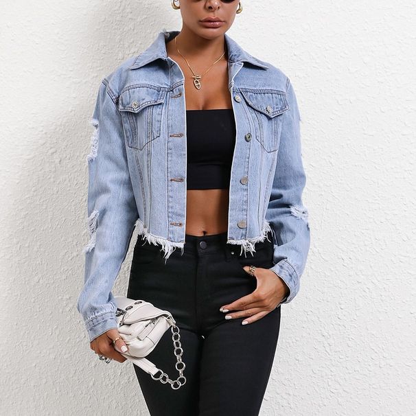 Women's Clothing INS Casual loose ripped long sleeved short denim jacket_voghion.com