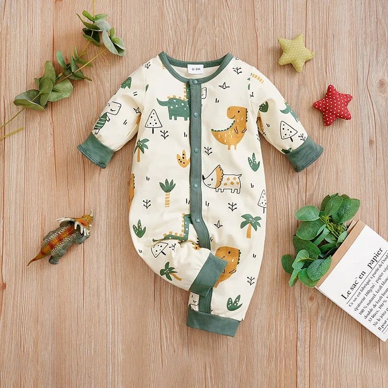 Frühlings- und Herbstsaison für Jungen und Mädchen, süßer Dinosaurierdruck, bequemer, lässiger Langarm-Baby-Body aus Baumwolle_voghion.com