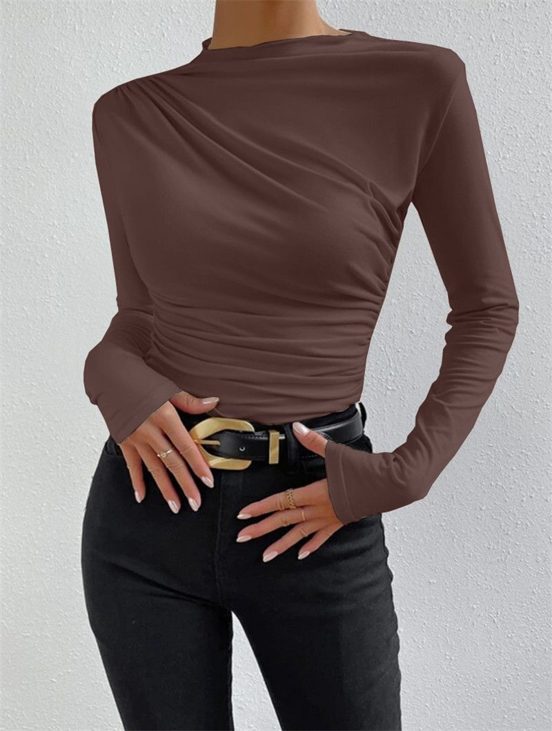 Half Turtleneck Europees en Amerikaans Effen Kleur Slim Bottoming Shirt Veelzijdig Geplooid Ontwerp Lange Mouw T-shirt Dames Top_voghion.com
