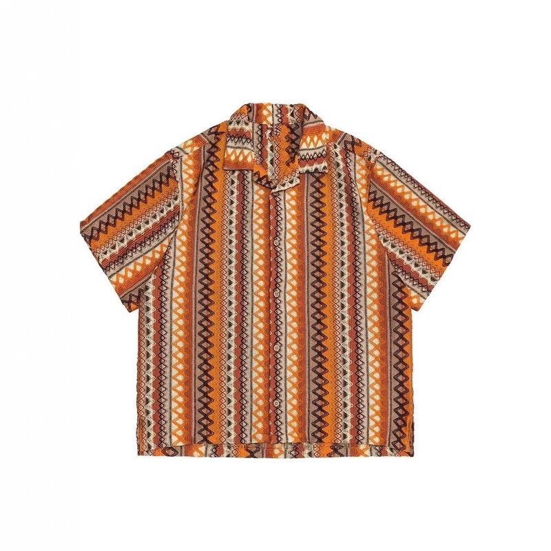 Camicia a maniche corte con colletto cubano a contrasto in stile etnico estivo da uomo, per uomo e donna, stile hawaiano, camicia casual ampia e alla moda_voghion.com