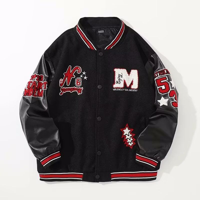 Herrenbekleidung Retro-Baseballjacke mit roter Stickerei für Männer und Frauen, Frühling und Herbst, lässige, lockere Jackenoberteile für Männer_voghion.com