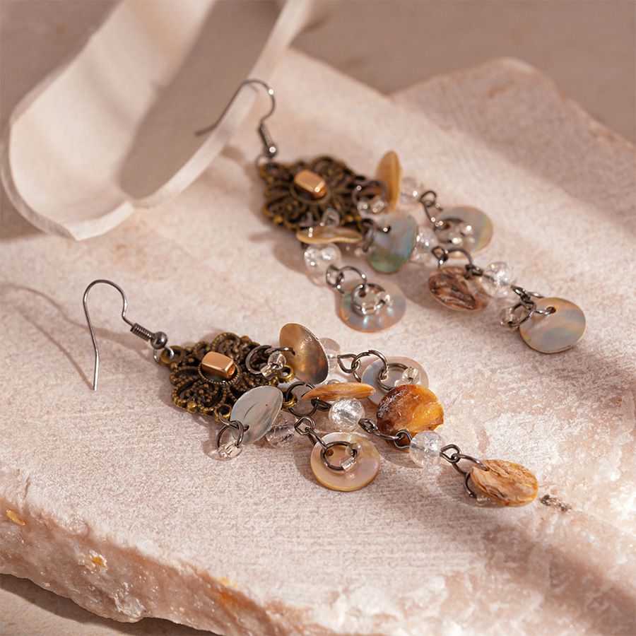 Gancio per orecchio rotondo geometrico con conchiglia annodata cinese d'epoca_voghion.com