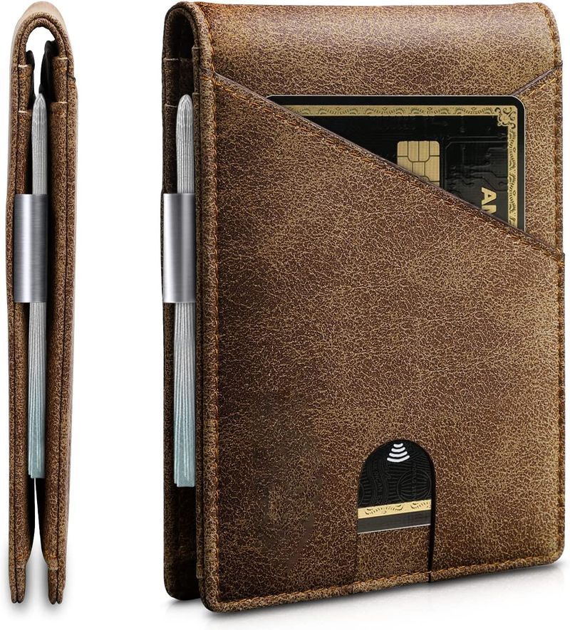 Portafoglio bifold in pelle da uomo ultrasottile con protezione RFID, stile Crazy Horse, marrone minimalista_voghion.com