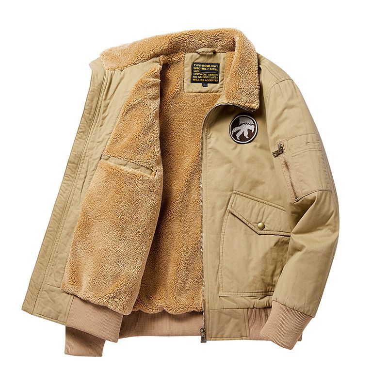 Giubbotto bomber da uomo, foderato in pile, in cotone con imbottitura spessa e calda, stile da lavoro oversize, tasche multiple - Cachi, blu navy, verde militare_voghion.com