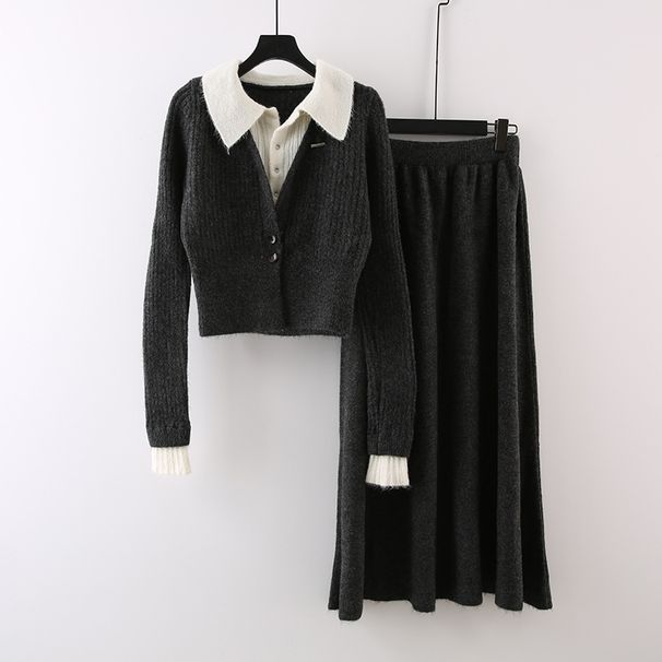 Completo da donna in maglia a due pezzi con cuciture, per ridurre l'età, cardigan con risvolto di nuovo stile, elastico in vita, pantaloni larghi a gamba snellente_voghion.com