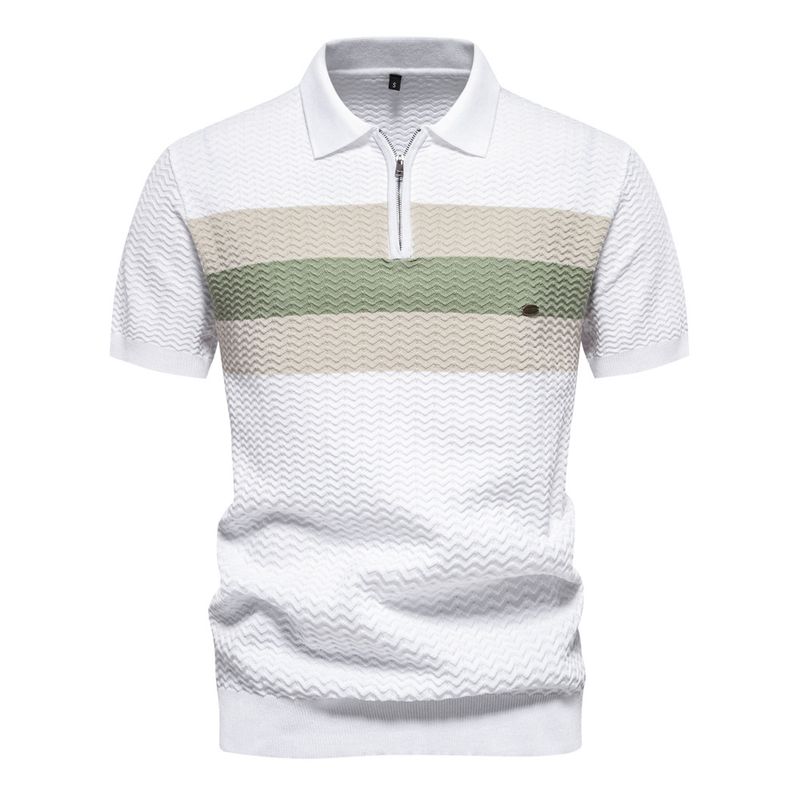 Camisa de manga corta con solapa y media cremallera para hombre, de alta gama, a rayas, fina y versátil, de verano_voghion.com