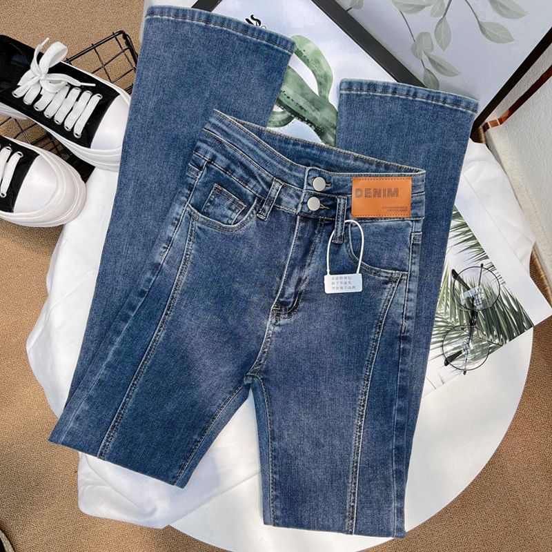 Dametøj Front slids flared jeans til kvinder Koreansk stil ny lille størrelse høj talje stram elastik lige gulv længde flared bukser til kvinder_voghion.com