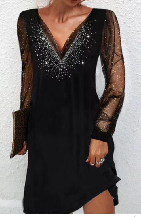 Damen-Langarmkleid mit V-Ausschnitt und Spitzenärmeln_voghion.com