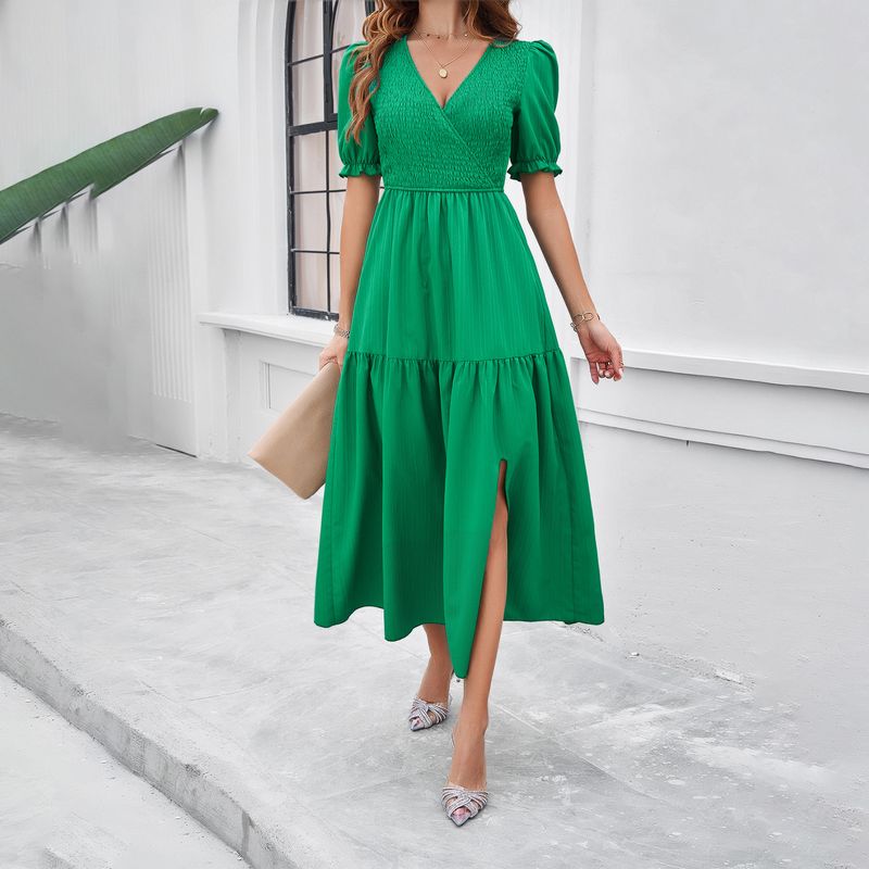 Diyun 2024 Printemps Été Femmes Élégant Couleur Unie Col V Manches Courtes Robe Longue Évasée_voghion.com