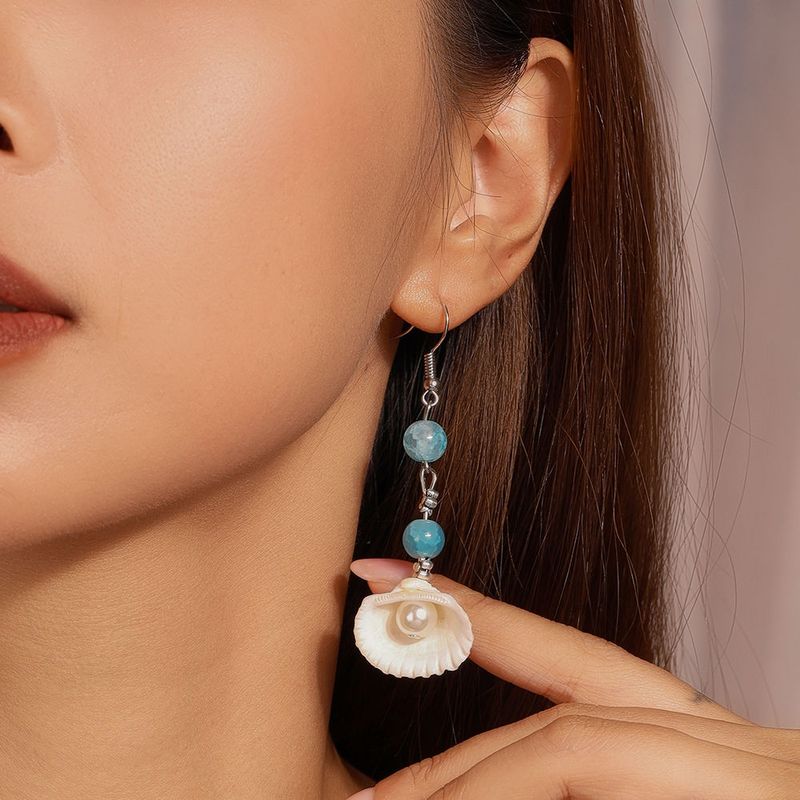 New Personalized Simple Pearl Ear Hook Earrings Fashion Trend Temperament Beaded Shell Earrings Summer Beach Earrings_voghion.com