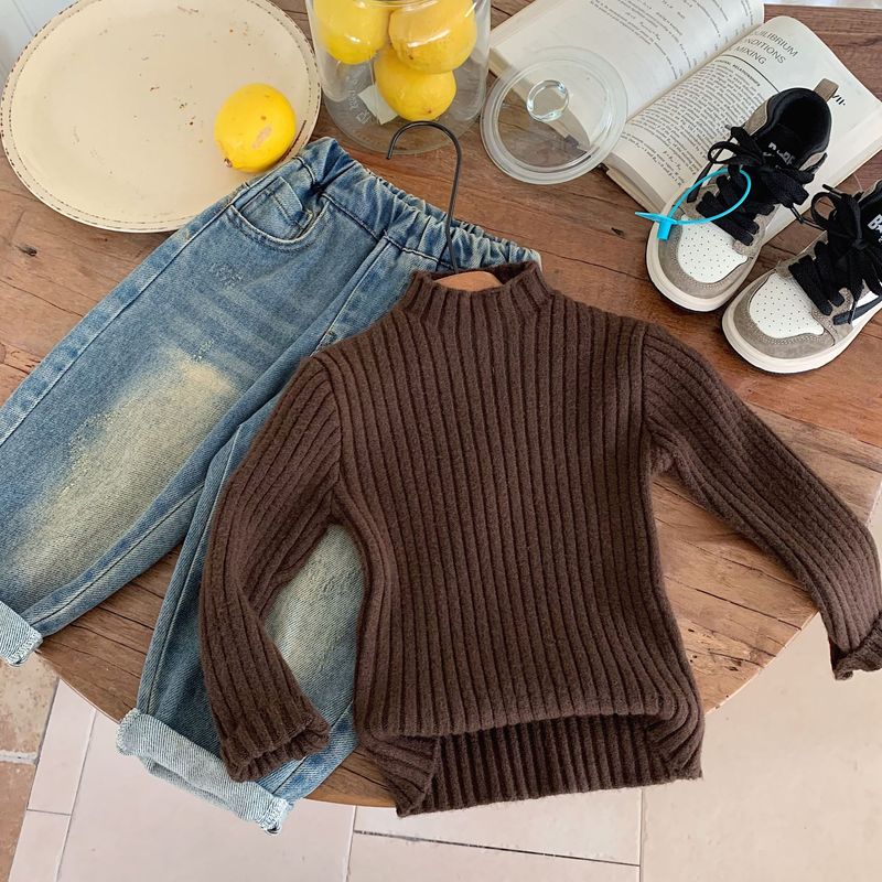 Kinder 2024 Herbst/Winter Neue einfarbige vielseitige Strickpullover Herren- und Damenbekleidung Stehkragen unten_voghion.com