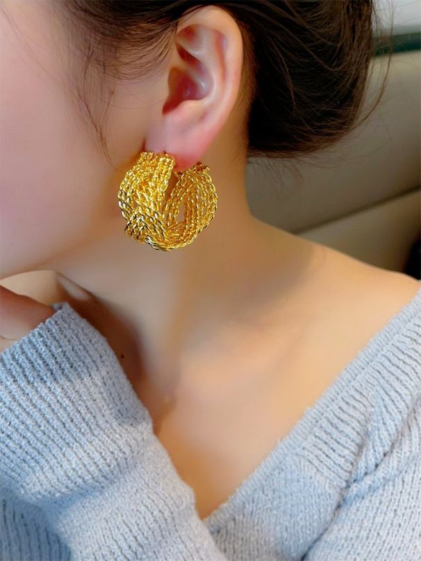 Orecchini a cerchio grandi, esagerati, alla moda, alla moda, a forma di C, intrecciati in oro vero placcato, alla moda, alla moda_voghion.com
