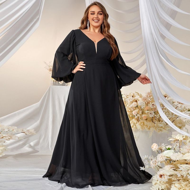 Women's clothing Spring and autumn chiffon V neck long sleeved dress Elegant banquet floor length dress_voghion.com