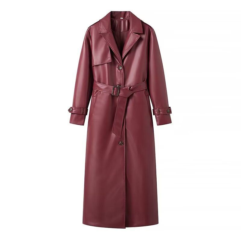 Women's Clothing Spring And Autumn New Style Large Size Loose Casual Fashion Long Leather Coat Windbreaker Jacket_voghion.com