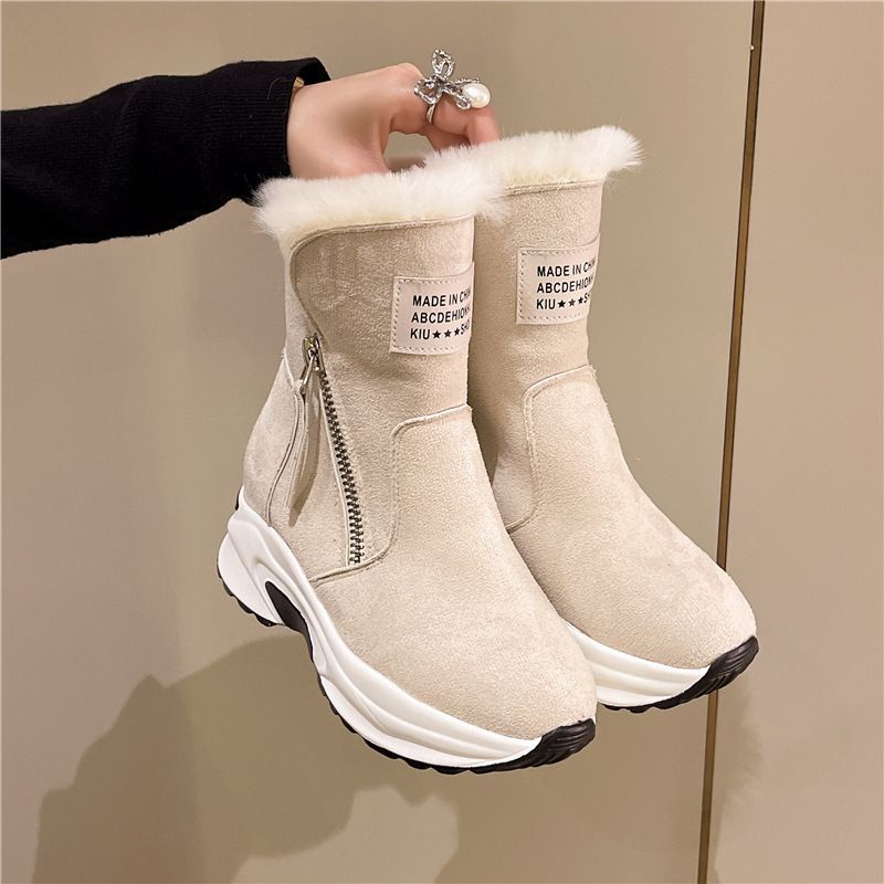 New round headed plush warm women's shoes with side zipper, low cut casual shoes, flat bottomed casual student women's snow boots_voghion.com
