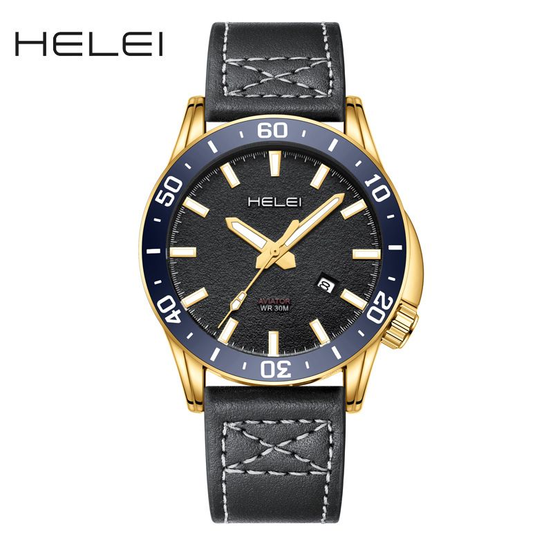 HELEI Herren-Quarzuhr mit Außenhandelszähler, wasserdicht, wasserdicht, mit Einzelkalender, Lederarmband_voghion.com