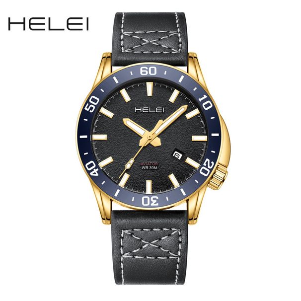 HELEI Herren-Quarzuhr mit Außenhandelszähler, wasserdicht, wasserdicht, mit Einzelkalender, Lederarmband_voghion.com