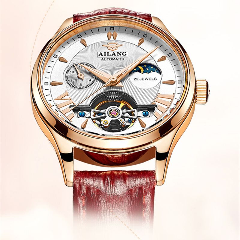 AILANG Luxus Klassische Mode Tourbillon Frauen Armbanduhr Top Automatische Mechanische Dame Uhr Mondphase Lederband Reloj_voghion.com