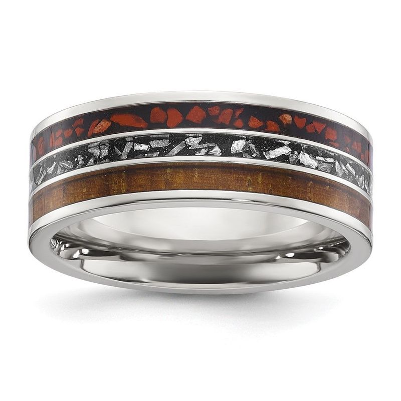 Chisel Stainless Steel Polished With Wood, Meteorite And Red Stone Inlay 8mm Band_voghion.com