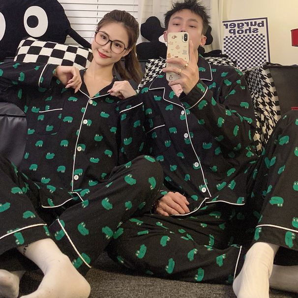 Πυτζάμες για ζευγάρια, σε καθαρό ανοιξιάτικο-φθινοπωρινό στυλ με μακριά μανίκια, γυναικεία απλή και casual, ανδρική ζακέτα κροκόδειλου, όλα_voghion.com