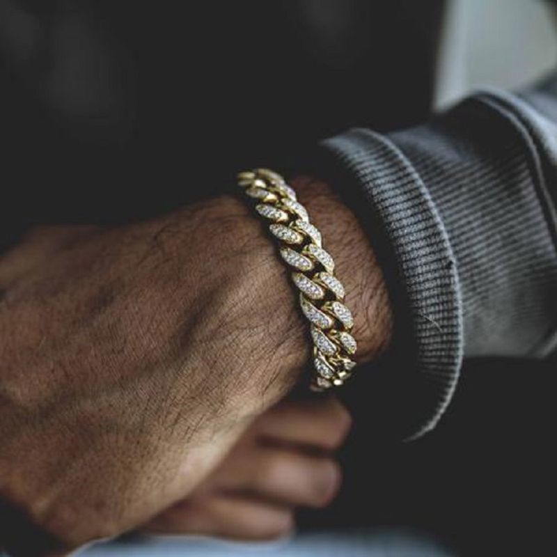 Iced Out Shiny Rhinestone Crystal Gold Plated Miami Cuban Chain Men's Hip Hop Bracelet_voghion.com