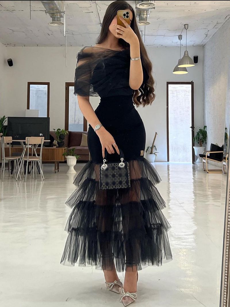 Damen-Abendkleid mit sexy langem Rock, Netzstoff und Spleißen, schlauchlos_voghion.com
