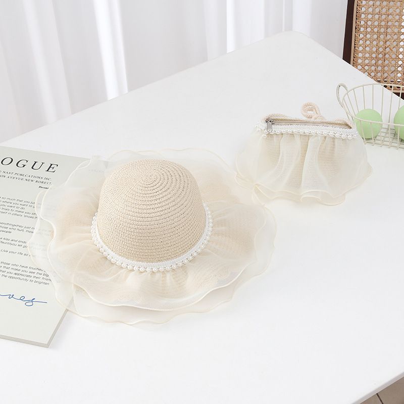 Small Fresh Wave Edge Children's Straw Summer Parent Child Travel Versatile Beach Sunshade Hat Bag Set_voghion.com