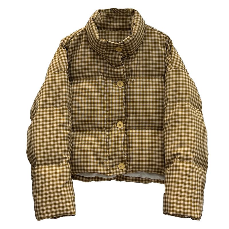 Jaqueta curta feminina com estampa pied-de-poule, casaco grosso de plumas, gola alta, caimento grande, enchimento de penas de pato branco_voghion.com