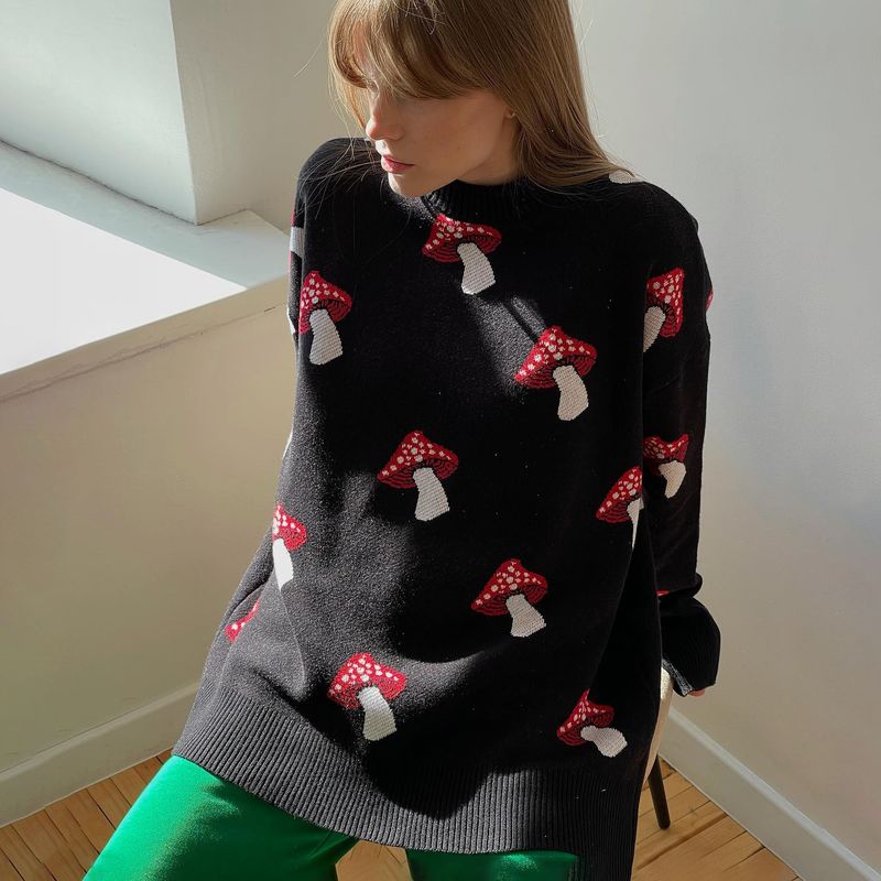 Maglione in jacquard a forma di fungo in stile ins per abbigliamento femminile, maglione con cappuccio e giacca a contrasto di colore, autunno e inverno_voghion.com