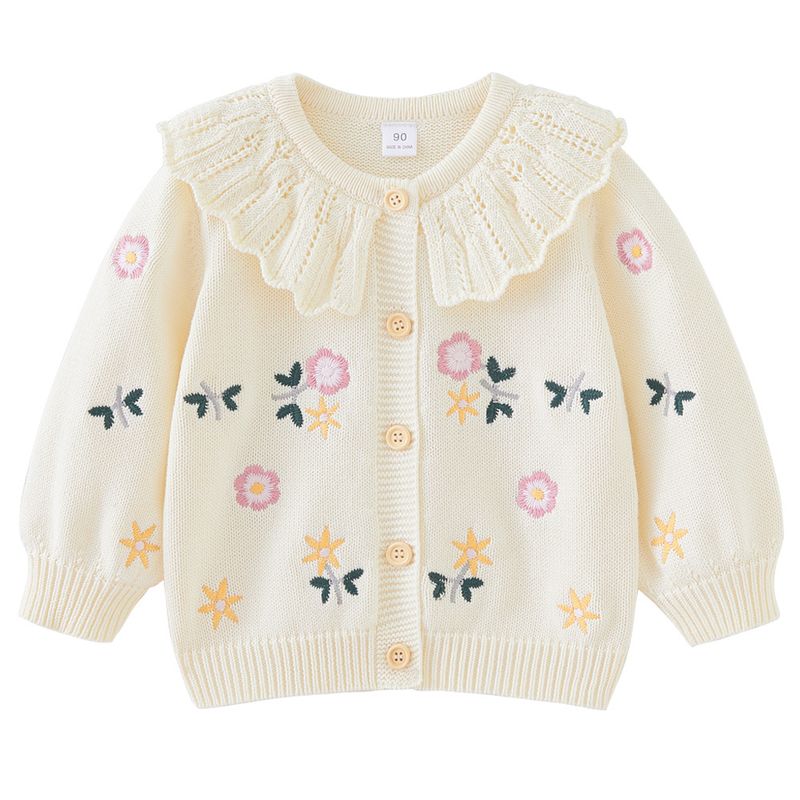 Spring And Autumn Lapel Knitted Cardigan Embroidered Embroidered Children's Sweater Coat For Girls_voghion.com