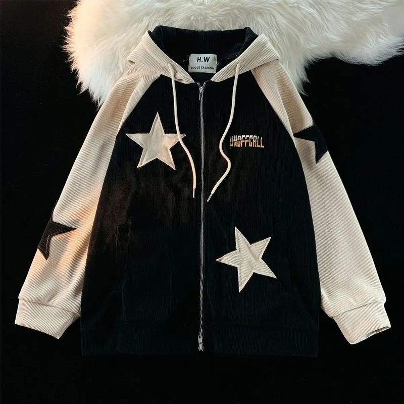 Felpa con cappuccio e cerniera in velluto a coste con cuciture a stella, stile retrò Y2K, unisex, casual, per uomo e donna_voghion.com
