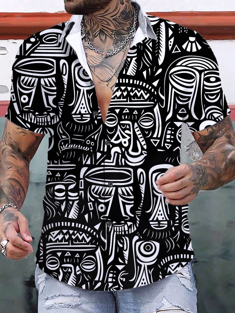 Chemises pour hommes d'été 2024, imprimé graphique 3D Art Tiki, hauts simples à manches courtes, chemise hawaïenne décontractée et ample_voghion.com