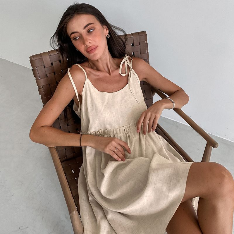 Bohemian A-Linien-Kleid aus Baumwollleinen – Ärmelloses Sommerkleid im Kittelstil für den Sommer (S/M/L, Khaki/Braun/Schwarz, 97 % Baumwolle, 3 % Leinen, Sommerkollektion)​_voghion.com