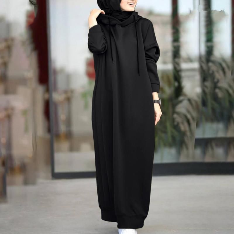 Women's Clothing Muslim autumn women's clothing solid color fur plush fabric hooded drawstring loose casual pocket long sleeve women's sweatshirt_voghion.com