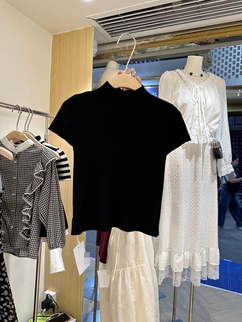 Maglietta a maniche corte con collo alto e spalle scoperte in seta francese per l'estate da donna, nuovo stile di alta gamma_voghion.com