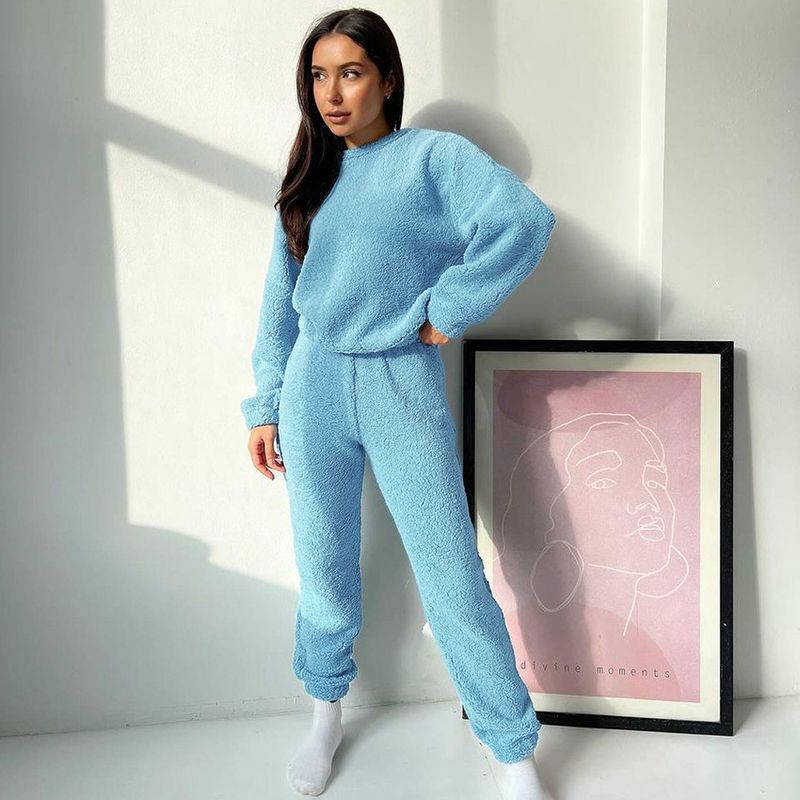 Women's autumn plush warm round neck pajamas two piece set solid color loose casual comfortable ladies home clothes_voghion.com