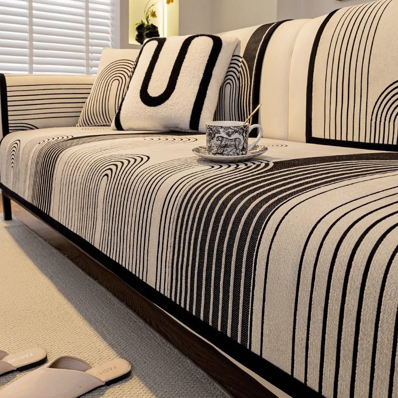 Set di fodere per cuscini in ciniglia per divani - Reversibili, antiscivolo, design a righe per divani modulari (dimensioni personalizzate, stile minimalista)_voghion.com